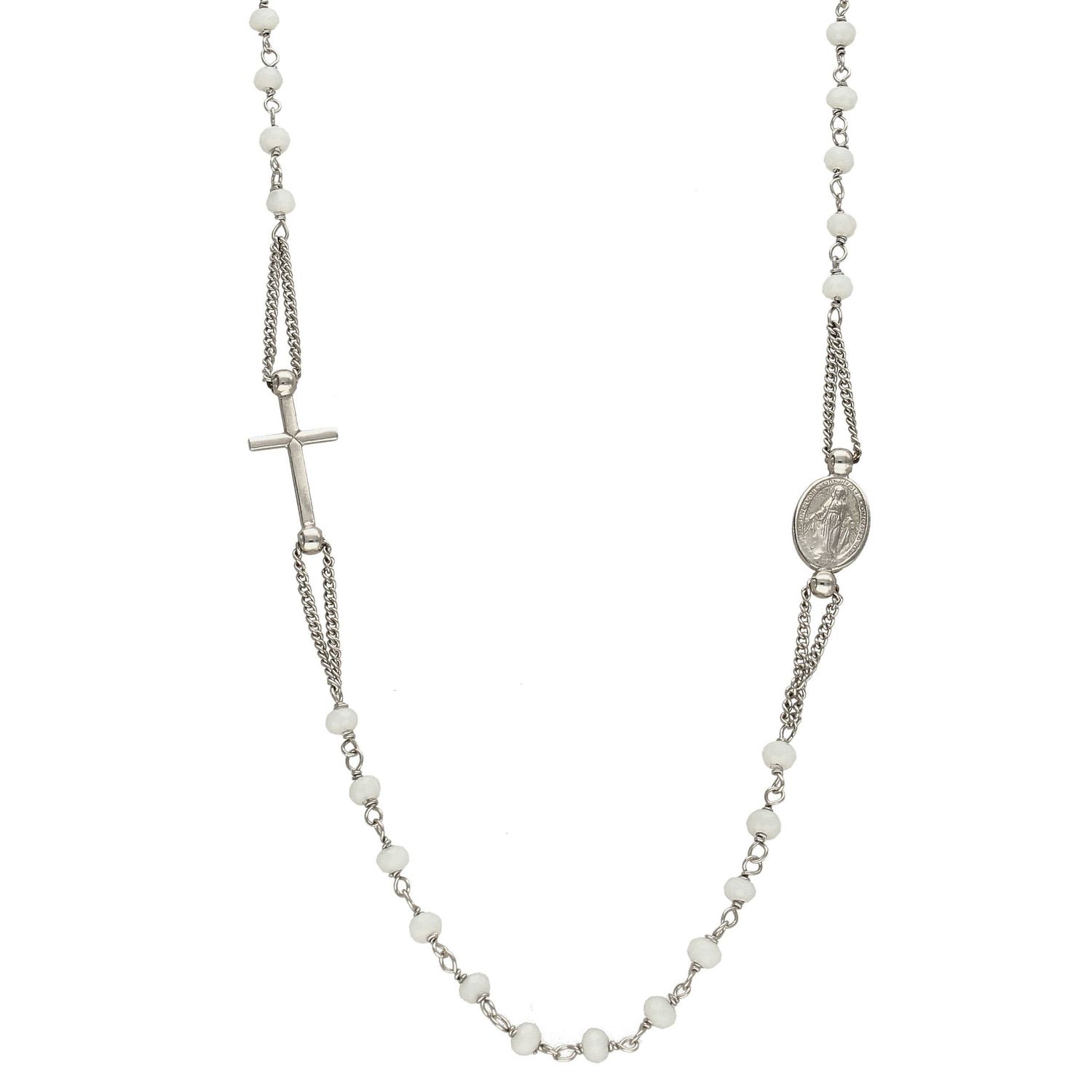 Naszyjnik srebrny koraliki, krzyżyk, medalik Dall'Acqua ✓Naszyjnik ozdobiony białymi koralikami.jpg